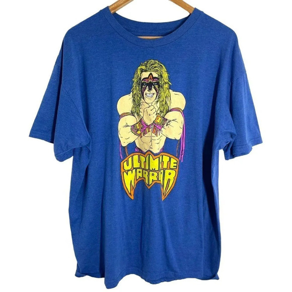 WWE Mens Size 2X Ultimate Warrior Spell Out Wrestling Short Sleeve T-Shirt Blue - Picture 1 of 5